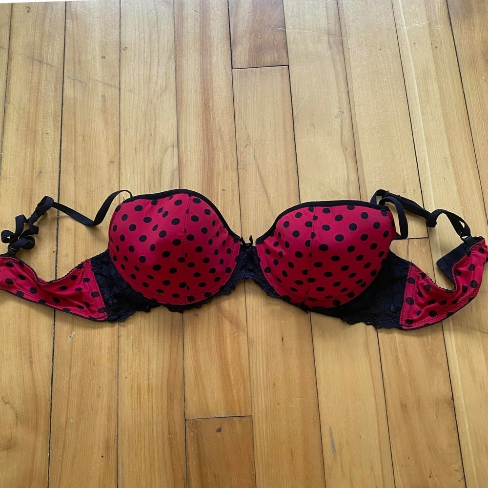 JACOB Bra Red Black Polka Dot Lace Trim Underwire Balconette 34B